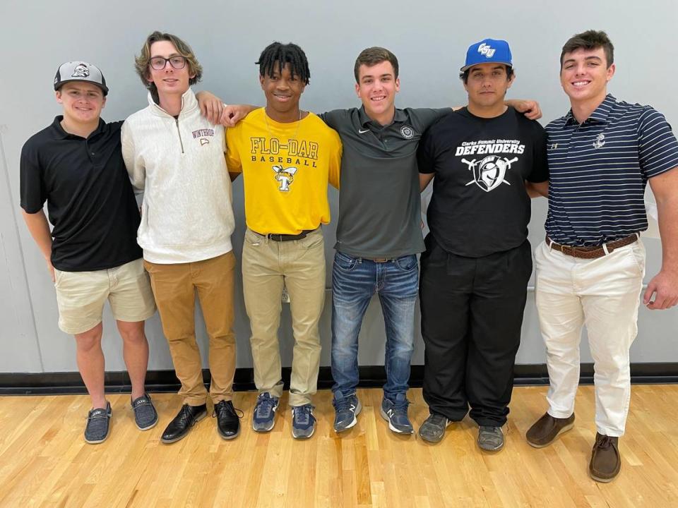 Legion Collegiate saw six athletes sign to play college baseball in November 2021. From left to right: Colby Helms, Joey Hylinski, Jordan Santos, Kyle Broome, Jay Douglas and Jack Killelea.