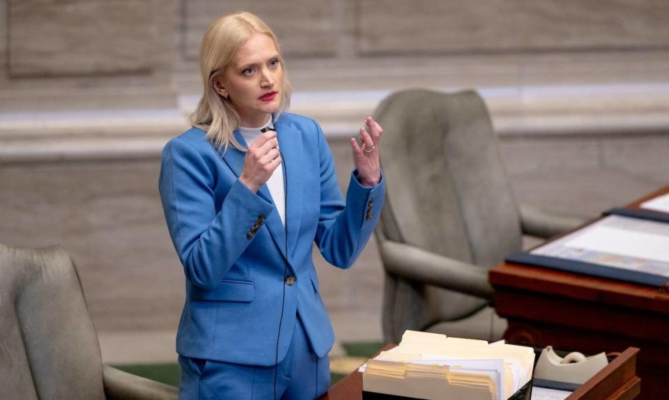 State Sen. Lauren Arthur, a Kansas City Democrat, speaks on the Senate floor in Jefferson City in this March 2023 photo. Arthur said Missouri needs to do more to make mental health services more widely available. 