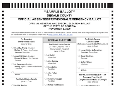 The top of a sample Georgia ballot from 2020 – will Trump be able to get on the 2024 ballot? <a href="https://www.dekalbcountyga.gov/sites/default/files/users/user304/2020-11-03%20Composite%20Sample%20Ballot%20rev%203.pdf" rel="nofollow noopener" target="_blank" data-ylk="slk:DeKalb County, Georgia;elm:context_link;itc:0;sec:content-canvas" class="link ">DeKalb County, Georgia</a>