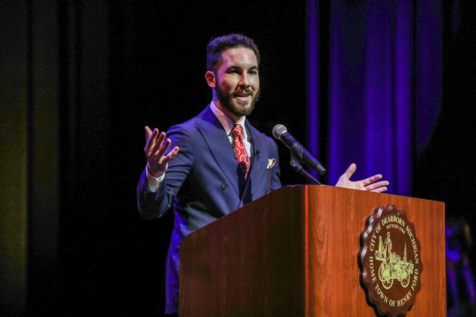 Mayor Abdullah Hammoud thanks supporters during his inauguration speech after being sworn in as the new mayor of Dearborn by the 3rd Circuit Court Judge Helal Farhat at the Ford Community and Performing Arts Center on Jan. 15, 2022. Hammoud is the first Arab American and first Muslim to be mayor of Dearborn.