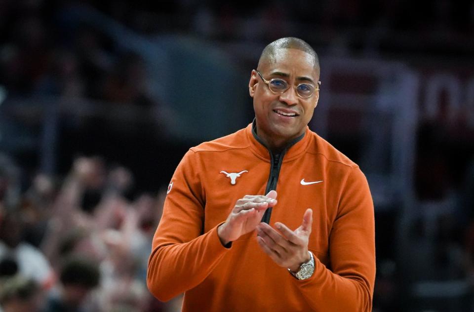 Texas coach Rodney Terry smiles during the Longhorns' win over Oklahoma Saturday. Entering this week's Big 12 Tournament, Texas seems locked into no worse than a No. 9 seed in the upcoming NCAA Tournament.