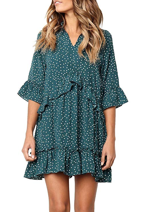 <h3><a href="https://amzn.to/2OCFxT4" rel="nofollow noopener" target="_blank" data-ylk="slk:Ruffled Swing Dress" class="link rapid-noclick-resp">Ruffled Swing Dress</a></h3><br><strong>Madeline </strong><br><br><strong>How She Discovered It:</strong> "My secret vice: the #founditonamazon hashtag."<br><br><strong>Why It's A Hidden Gem:</strong> "It’s the perfect transitional dress, and obviously meant to be worn solo during the warmer months. When the temperature starts to drop, I’ll layer it over a turtleneck and jeans — the print isn’t too summery, so it won’t look out of season."<br><br><strong>Mitilly</strong> Ruffled Swing Dress, $, available at <a href="https://amzn.to/3rTFO4a" rel="nofollow noopener" target="_blank" data-ylk="slk:Amazon" class="link rapid-noclick-resp">Amazon</a>