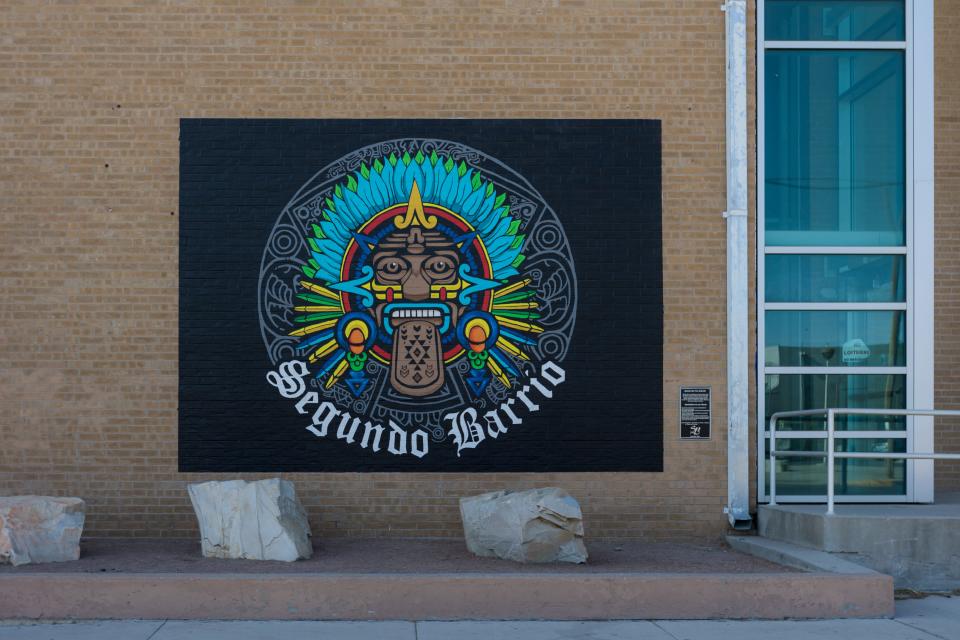 "Quinto Sol- The Rebirth" was painted by Francisco Delgado, Francisco Camacho, and Bobby Lerma in December 2020. The mural is located at Seventh Ave. and Florence St. in front of the Marcos B. Armijo Community Center building in Segundo Barrio in El Paso, Texas.