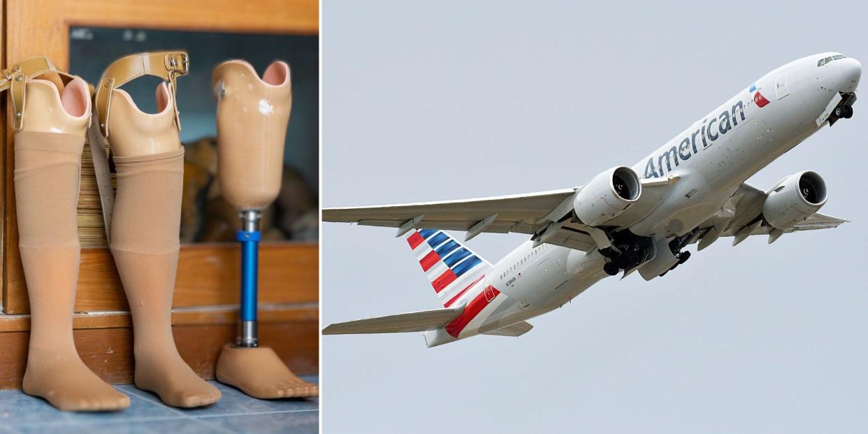 Prosthetic legs; American Airlines plane.