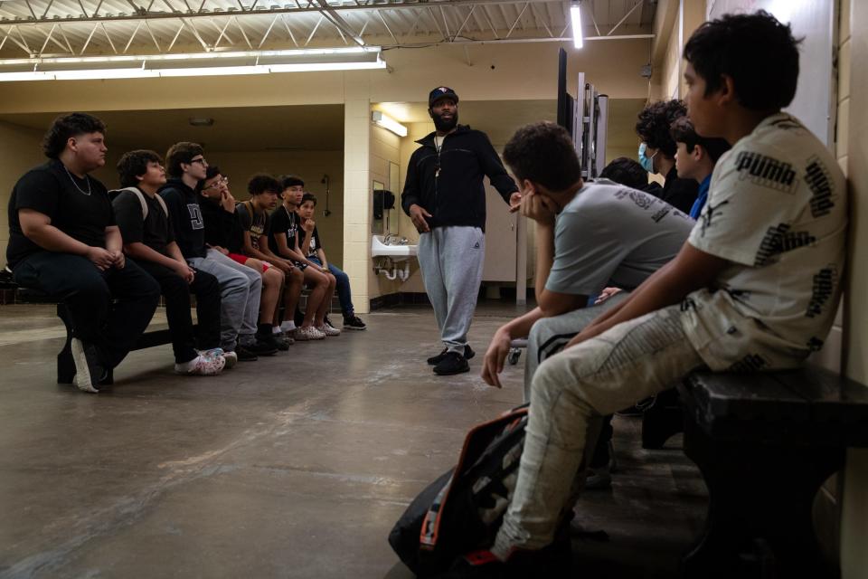 Coach Pete Murillo talks about respect and leads Boys Club during a voluntary half-day at John S. Gillett Middle School on Friday, Feb. 9, 2024, in Kingsville, Texas.