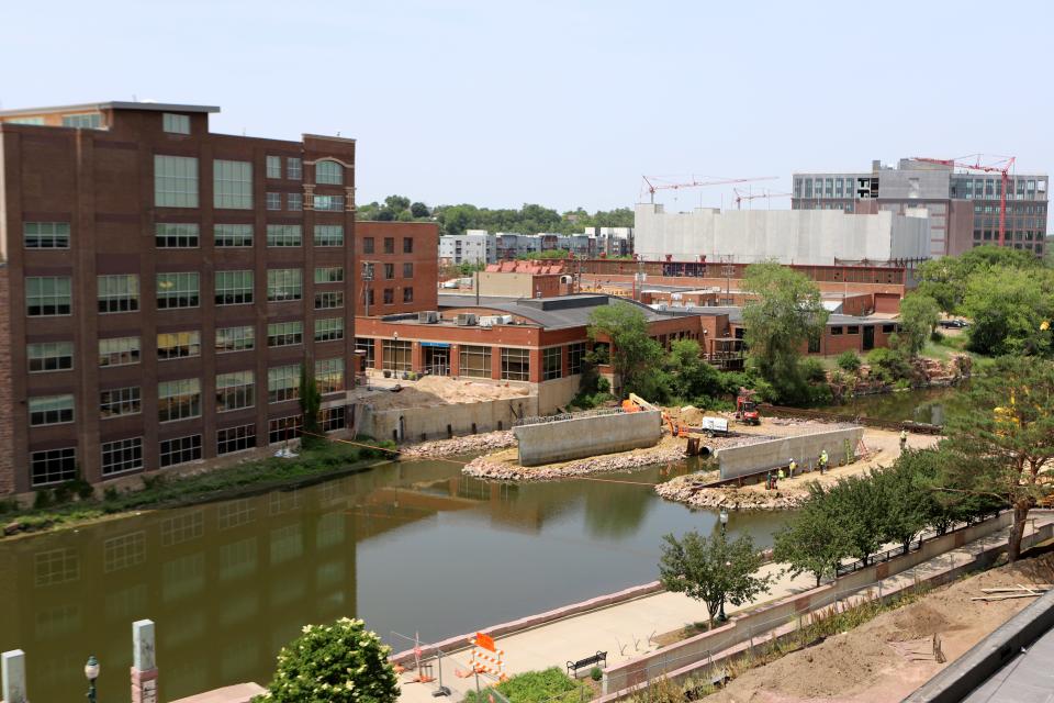 Views of the Unity Bridge construction as seen from the rooftop patio between the original Cherapa Apex building and the in-progress Bancorp building on Thursday, June 15, in downtown Sioux Falls.