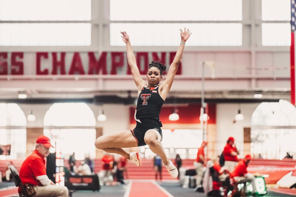 Texas Tech's Monae' Nichols wins the long jump during the Red Raider Open on Friday at the Sports Performance Center. Nichols' winning mark of 21 feet, 10 1/4 inches was the second-best of her career.