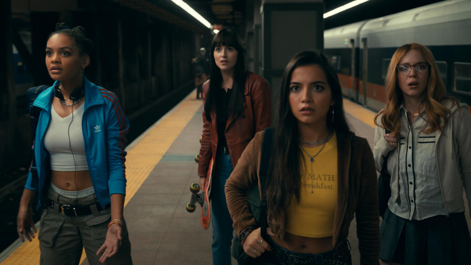 Mattie Franklin (Celeste O’Connor), Cassandra Webb (Dakota Johnson), Anya Corazon (Isabela Merced), and Julia Cornwall (Sydney Sweeney) in Columbia Pictures’ MADAME WEB.