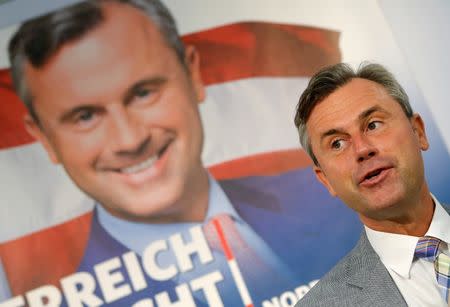 Austrian presidential candidate Norbert Hofer of the Freedom Party (FPOe) addresses a news conference ahead of a re-run of the run-off presidential election in Vienna, Austria August 29, 2016. REUTERS/Heinz-Peter Bader