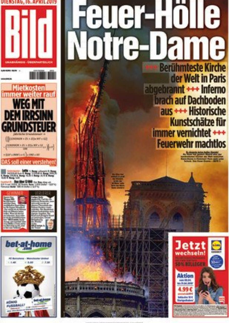 <p>This German tabloid is the bestselling European paper. The headline reads: “Hellfire Notre Dame” (Twitter) </p>