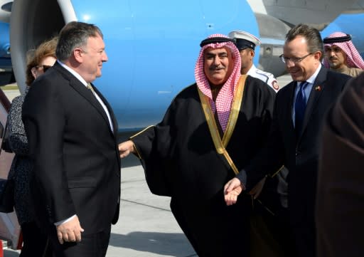 Bahraini Foreign Minister Khalid bin Ahmed Al Khalifa greets US Secretary of State Mike Pompeo during his January 2019 visit to the US ally