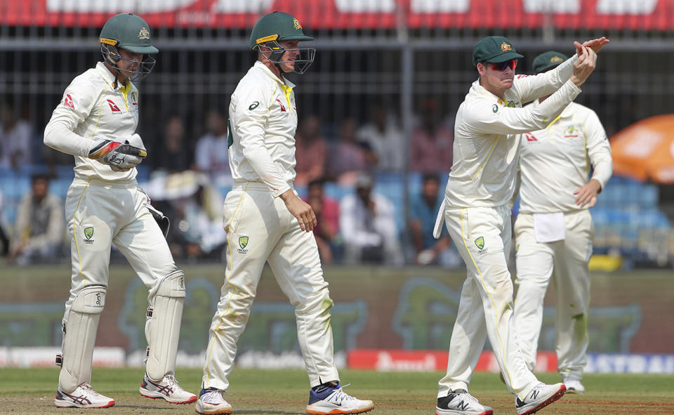 Steve Smith, pictured here asking for a DRS review during the third Test between Australia and India. 