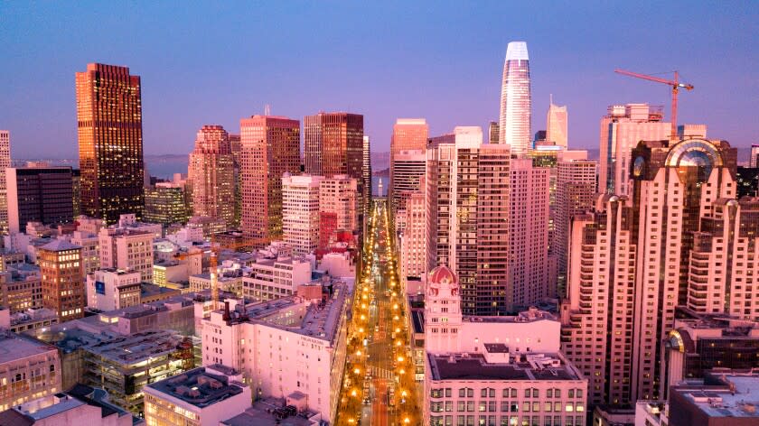 SAN FRANCISCO, CA - DECEMBER 30, 2019 - A section of Market street is seen from above in San Francisco, California on Thursday, January 30, 2020. San Francisco on Wednesday officially closed off its downtown stretch of Market Street to private cars, part of a sweeping plan to remake the cityÕs most notable thoroughfare safer for pedestrians and bicyclists and faster for commuters on buses and streetcars. (Josh Edelson/for the Times)