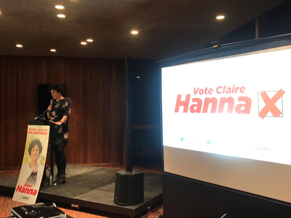 SDLP South Belfast candidate Claire Hanna speaking at her campaign launch at the Lyric Theatre on Wednesday evening (Rebecca Black/PA)