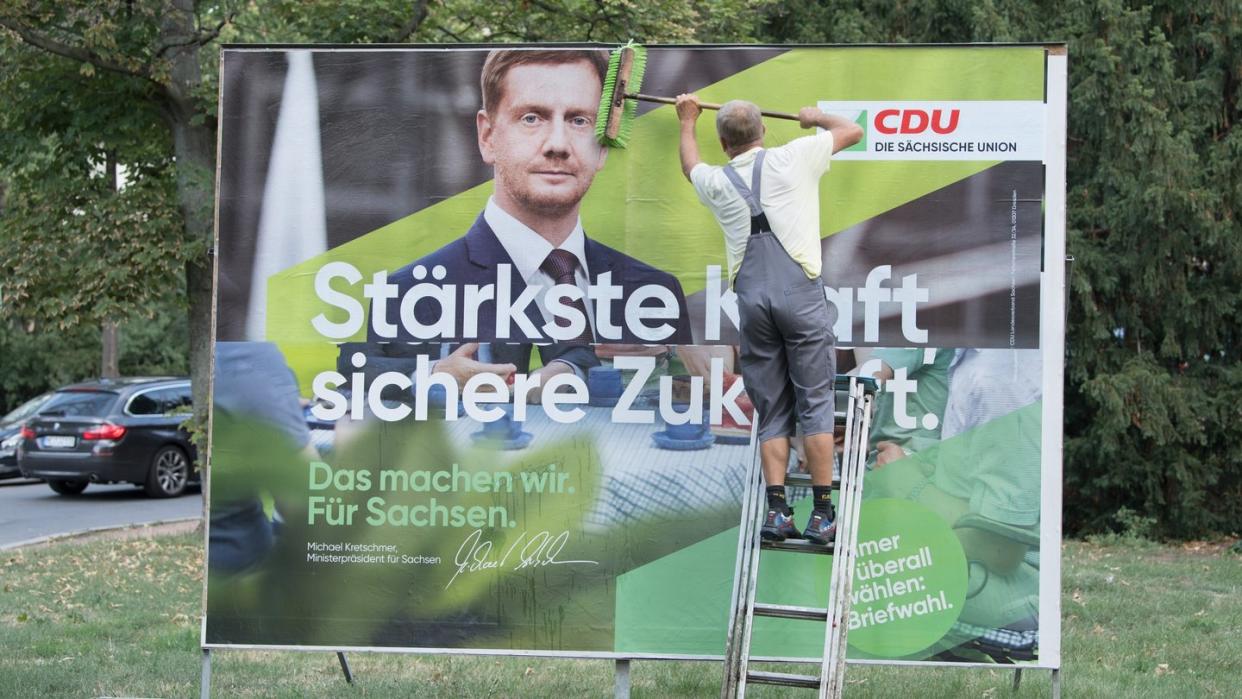 Im Umfrage-Aufwind: CDU-Wahlplakat mit Sachsens Ministerpräsident Michael Kretschmer. Foto: Sebastian Kahnert