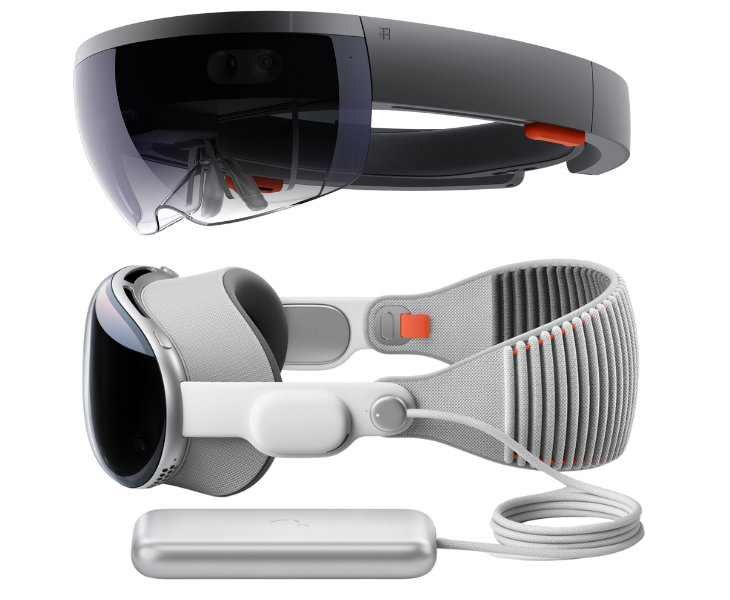 The original Microsoft HoloLens, above, and Apple’s new Vision Pro, below. (Microsoft and Apple Photos)