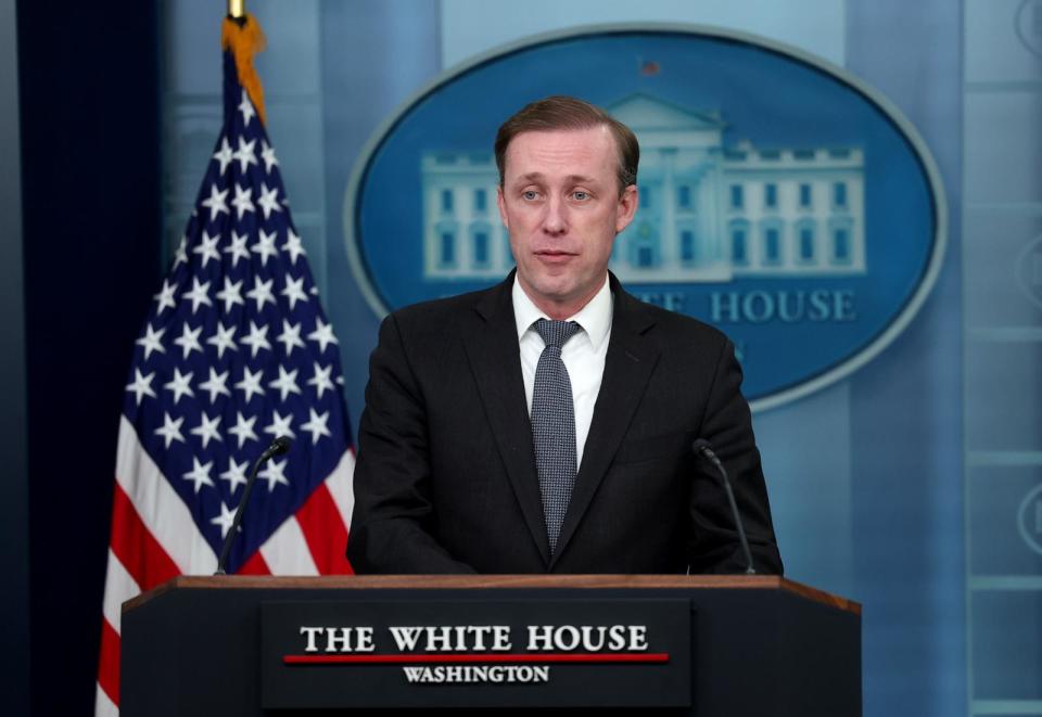 PHOTO: National Security Advisor Jake Sullivan speaks at a press briefing at the White House, March 12, 2024, in Washington, D.C.  (Kevin Dietsch/Getty Images)