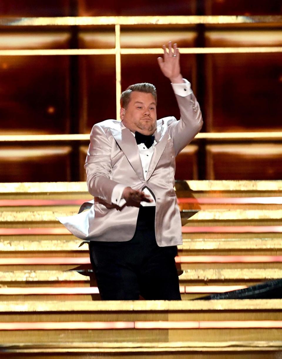 Tumble: Corden fell down the stairs on stage (Kevin Winter/Getty Images)