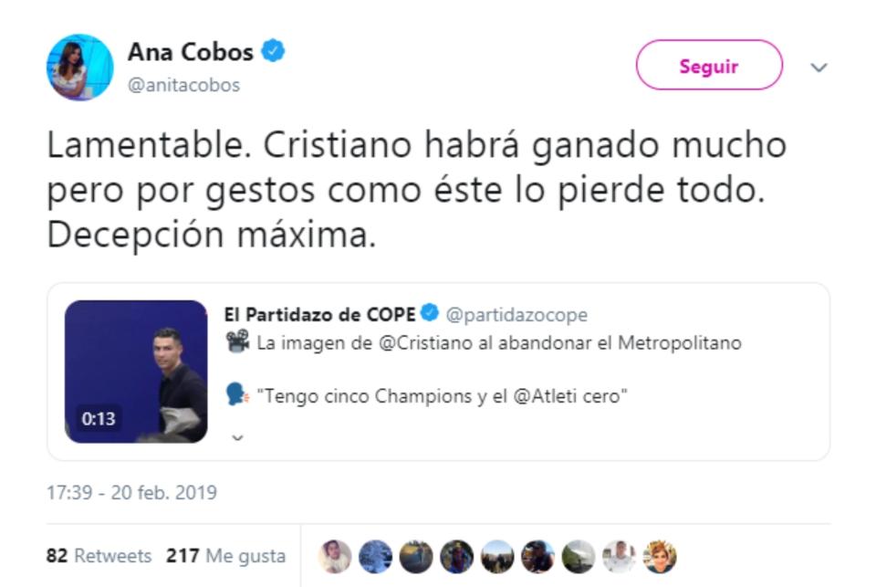 Críticas a Cristiano Ronaldo en Twitter por sus dardos a la afición del Atleti