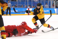 <p>Jonas Muller #41 of Germany shoots and scores a goal in the third period against Olympic Athletes from Russia during the Men’s Gold Medal Game on day sixteen of the PyeongChang 2018 Winter Olympic Games at Gangneung Hockey Centre on February 25, 2018 in Gangneung, South Korea. (Photo by Bruce Bennett/Getty Images) </p>