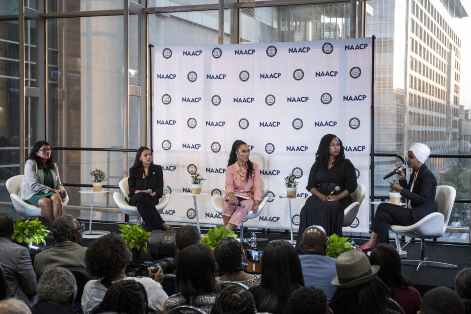 Rep. Rashida Tlaib (D-MI), Rep. Alexandria Ocasio-Cortez (D-NY), Rep. Ayanna Pressley (D-MA), and Rep. Ilhan Omar (D-MN) participate in a town hall hosted by the NAACP moderated by CNN Commentator Angela Rye, center, on September 11, 2019 in Washington, DC. (Photo by Zach Gibson/Getty Images)
