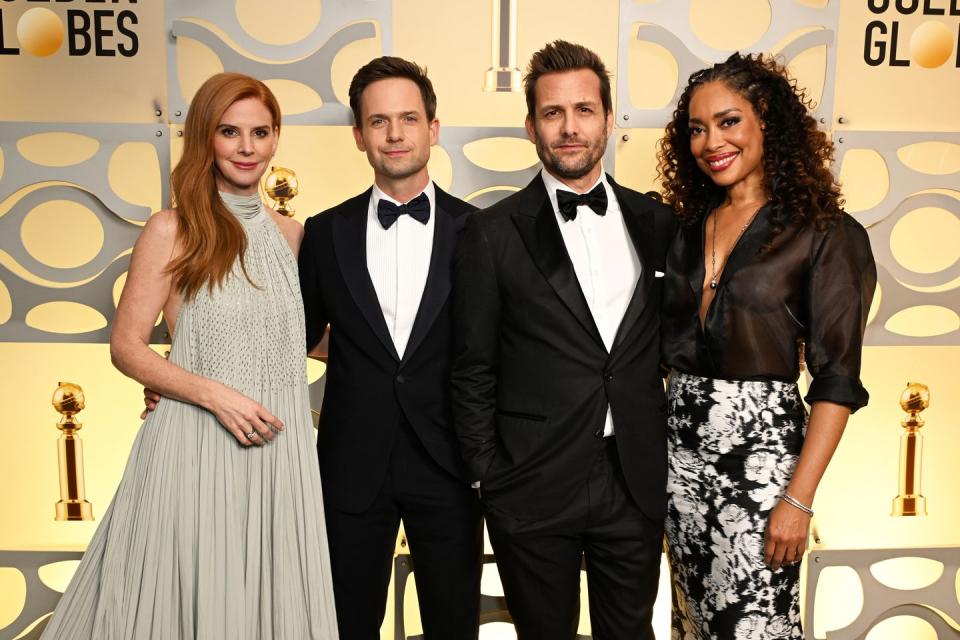 sarah rafferty, patrick j adams, gabriel macht and gina torres, suits reunion at the golden globes