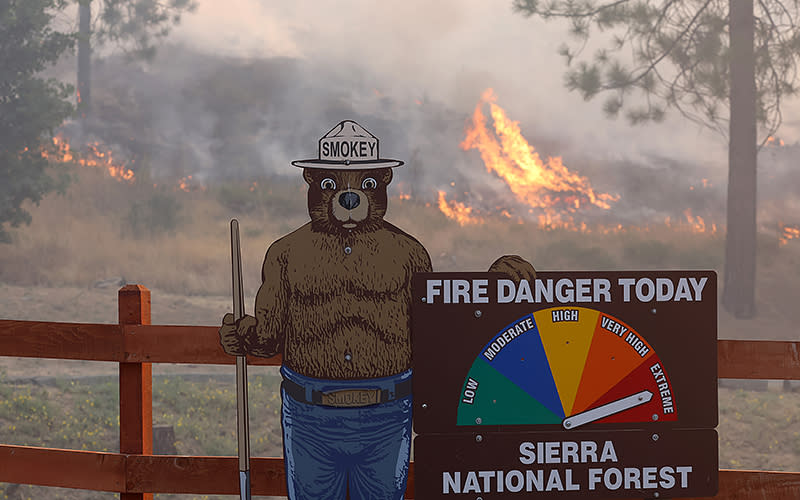 Fire burns near a Smokey the Bear fire warning sign as the Oak Fire burns through the area on July 24 near Jerseydale, Calif. The fast moving Oak Fire burning outside of Yosemite National Park forced evacuations, charred over 14,000 acres and destroyed several homes since starting on Friday afternoon. The fire was zero percent contained at the time. <em>Justin Sullivan/Getty Images</em>