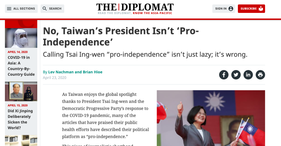 《外交家》網站評論，英文媒體中把蔡英文總統形容為「獨派」的用詞並不準確。