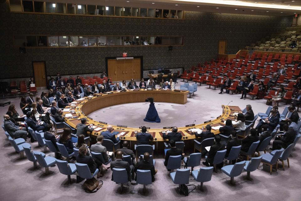 Members gather for a security council meeting at United Nations headquarters, Tuesday, June 6, 2023. (AP Photo/Yuki Iwamura)