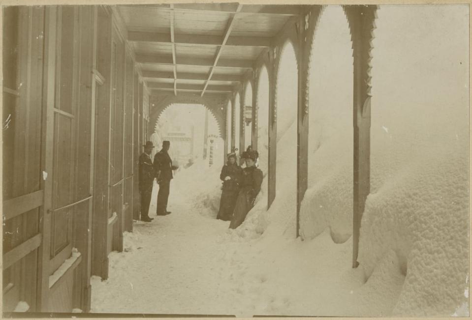 <div class="inline-image__caption"><p>"George and Gertrude Engle stand in a snow tunnel used to access businesses on Main Street, Breckenridge (Colo.)--1898-1899" / extended description: George and Gertrude Engle stand in the entry of a snow tunnel in front of the Finding Hardware Store that leads across to the Denver Hotel, Main Street, Breckenridge, during the Big Snow of 1898-1899.</p></div> <div class="inline-image__credit">From the Summit Historical Society</div>