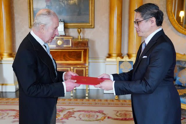 <p>JONATHAN BRADY/POOL/AFP via Getty</p> King Charles meets with Ng Teck Hean, High Commissioner of Singapore, on March 21.