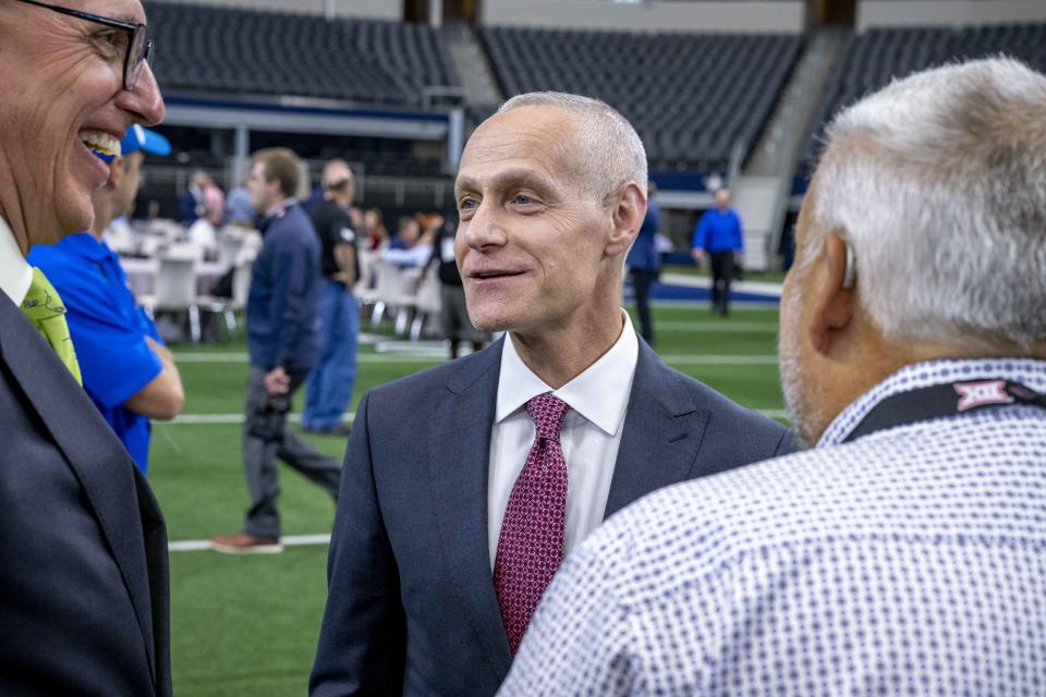 July 13, 2022; Arlington, Texas; Big 12 commissioner Brett Yormark talks with the media during the Big 12 media day at AT&T Stadium. Jerome Miron-USA TODAY Sports