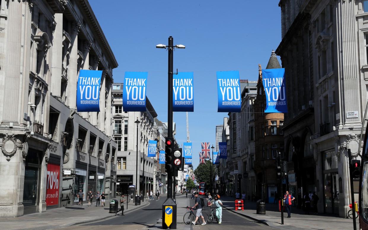 Thank You' flags fly above an almost empty Oxford Street on June 2020 - Chris Jackson/Chris Jackson Collection