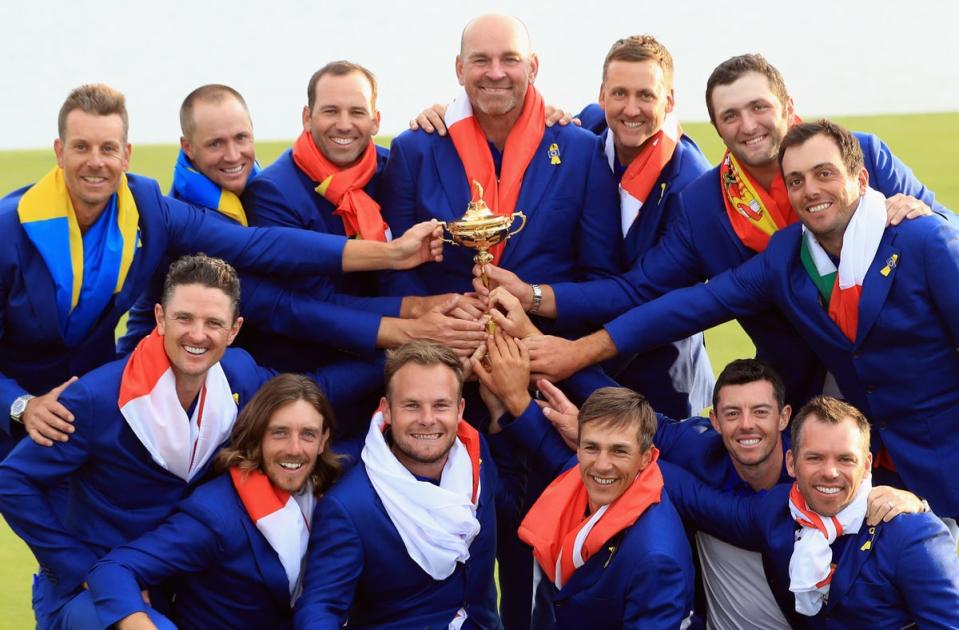 Captain Thomas Bjorn celebrates winning the Ryder Cup with Europe in 2018 (Getty)