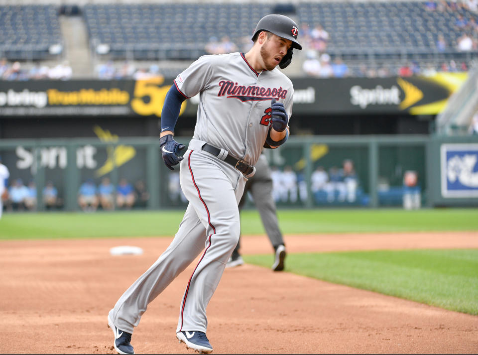 Sep 29, 2019; Kansas City, MO, USA; Minnesota Twins first baseman C.J. Cron (24) runs the bases after hitting a two run home run in the first inning against the Kansas City Royals at Kauffman Stadium. Mandatory Credit: Denny Medley-USA TODAY Sports