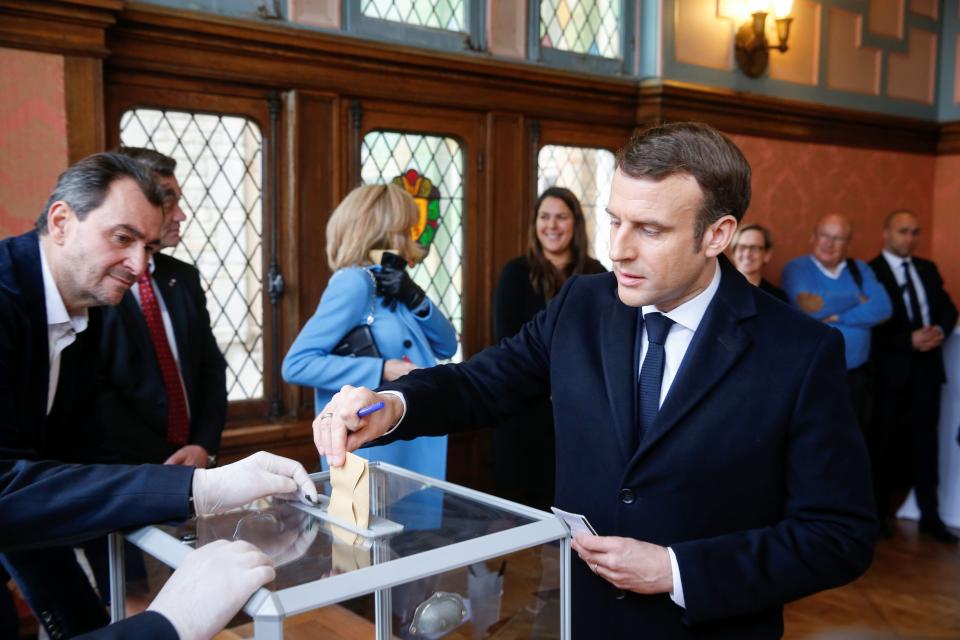 French President Emmanuel Macron casts his ballot during the first round of France's municipal elections on March 15, 2020. (Photo: PASCAL ROSSIGNOL via Getty Images)