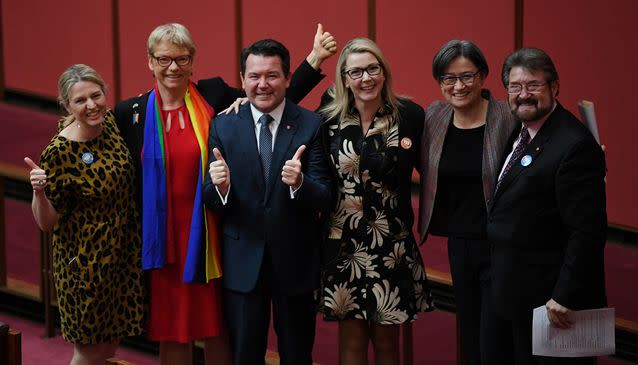 The same-sex marriage bill has been introduced to the parliament by Liberal Senator Dean Smith (third from left). Source: AAP