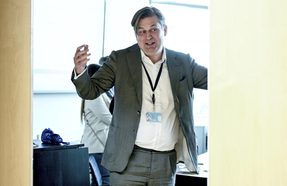 Maximilian Krah, AfD lead candidate for the 2024 European elections, takes part in consultations with the newly elected AfD MEPs after the European elections in Berlin, Germany, Monday June 10, 2024. (Britta Pedersen/dpa via AP)