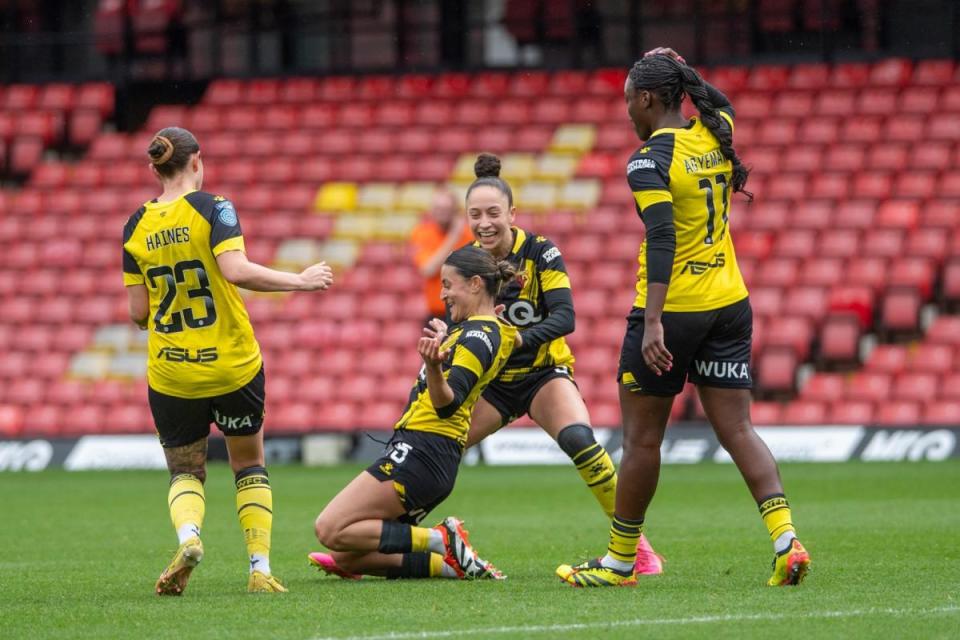 Dre Georgiou celebrates putting Watford 2-0 up. <i>(Image: Andrew Waller Images)</i>