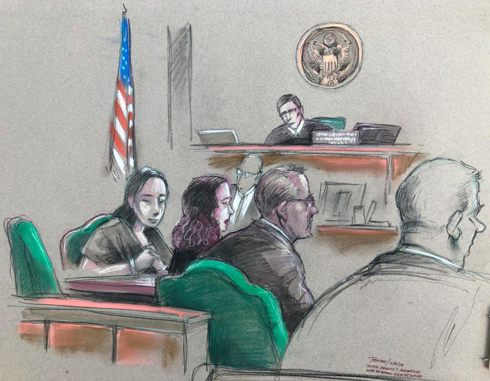 In this artist sketch, a Chinese woman, Yujing Zhang, left, listens to a hearing Monday, April 8, 2019, before federal Magistrate Judge William Matthewman in West Palm Beach, Fla. Secret Service agents arrested the 32-year-old woman March 30 after they say she gained admission by falsely telling a checkpoint she was a member and was going to swim.