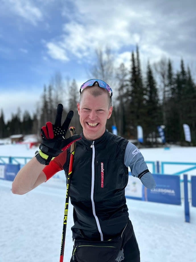 Canada's Mark Arendz captured gold in the men's standing sprint pursuit on Saturday for his third gold medal at the inaugural Para Biathlon World Championships in Prince George, B.C. (Nordiq Canada - image credit)