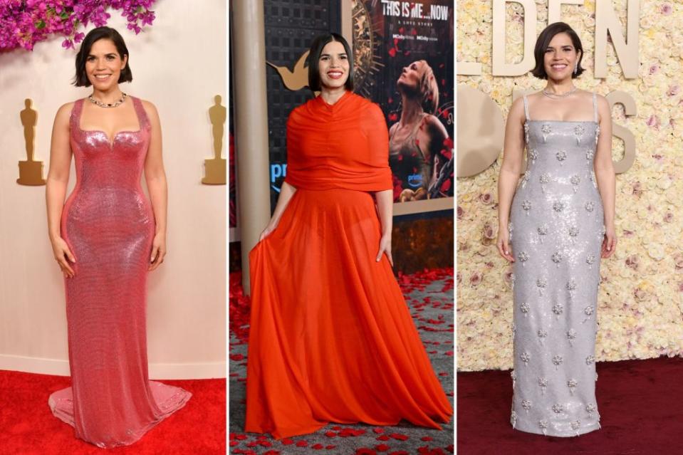 FROM LEFT: America Ferrera wears custom Versace at the Oscars, Brandon Maxwell to Jennifer Lopez’s “This is Me…Now: A Love Story” premiere and Dolce & Gabbana at the Golden Globes. Images: Getty