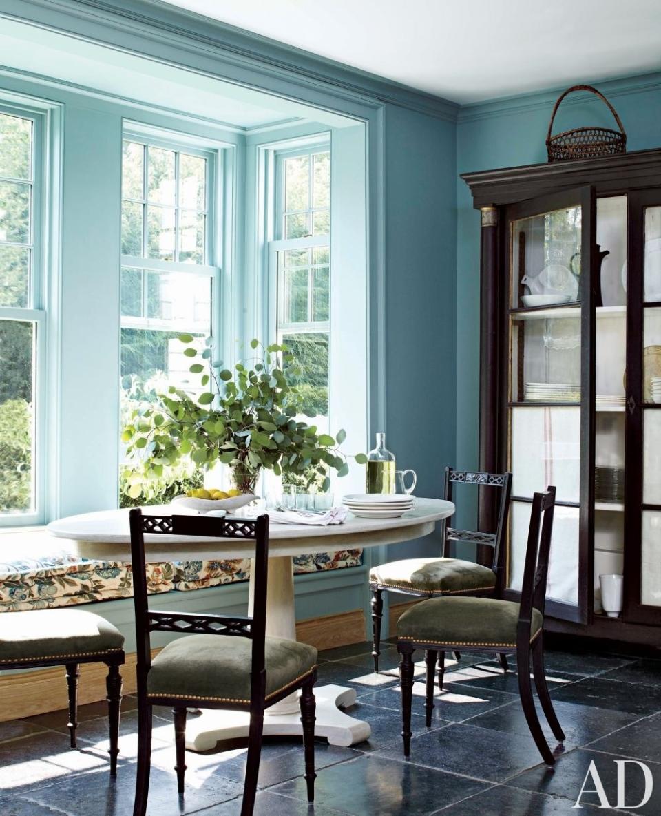 <p>Miles Redd painted the breakfast area of a <a rel="nofollow noopener" href="https://www.architecturaldigest.com/story/miles-redd-connecticut-house-article?mbid=synd_yahoo_rss" target="_blank" data-ylk="slk:Connecticut house;elm:context_link;itc:0;sec:content-canvas" class="link ">Connecticut house</a> with a turquoise-blue by Farrow & Ball. The chairs are antique, and the window seat’s cushion fabric is by Bennison.</p> <p><strong>Related:</strong> <a rel="nofollow noopener" href="http://www.architecturaldigest.com/decorating-with-color?mbid=synd_yahoo_rss" target="_blank" data-ylk="slk:AD’s Guide to Decorating with Color;elm:context_link;itc:0;sec:content-canvas" class="link "><em>AD</em>’s Guide to Decorating with Color</a></p>