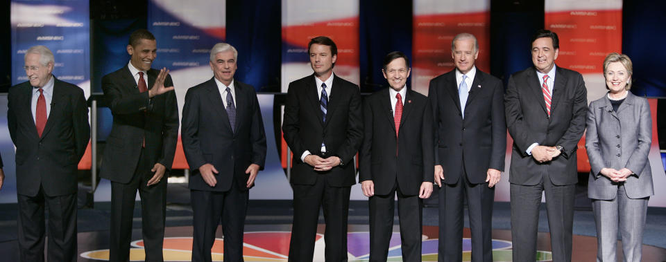 FILE - Democratic presidential hopefuls gather on the stage prior to the first Democratic presidential primary debate of the 2008 election hosted by the South Carolina State University in Orangeburg, SC., Thursday, April 26, 2007. From left: Mike Gravel, former U.S. senator from Alaska, Sen. Barack Obama, D-Ill., Sen. Christopher Dodd, D-Ct., former Sen. John Edwards of South Carolina., Rep. Dennis Kucinich, D-Ohio, Sen. Joe Biden, D-Del., New Mexico Gov. Bill Richardson., and Sen. Hillary Rodham Clinton, D-N.Y. Richardson, a two-term Democratic governor of New Mexico who later was the U.S. ambassador to the United Nations and dedicated his post-political career to working to free Americans detained overseas, has died, Saturday, Sept. 2, 2023. (AP Photo/J. Scott Applewhite, File)