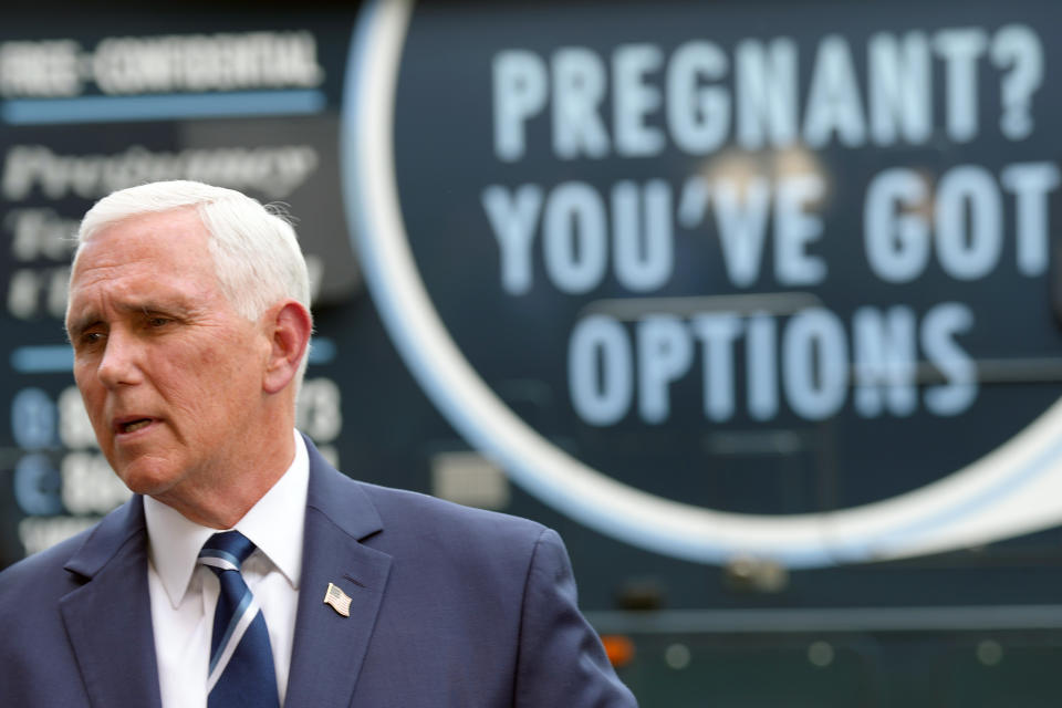 Former Vice President Mike Pence speaks to reporters after touring a mobile ultrasound unit on Thursday, May 5, 2022, in Spartanburg, S.C. Pence made his second trip to the state in less than a week to headline a fundraiser for a crisis pregnancy center in early-voting South Carolina as he continues to mull a possible 2024 presidential bid. (AP Photo/Meg Kinnard)