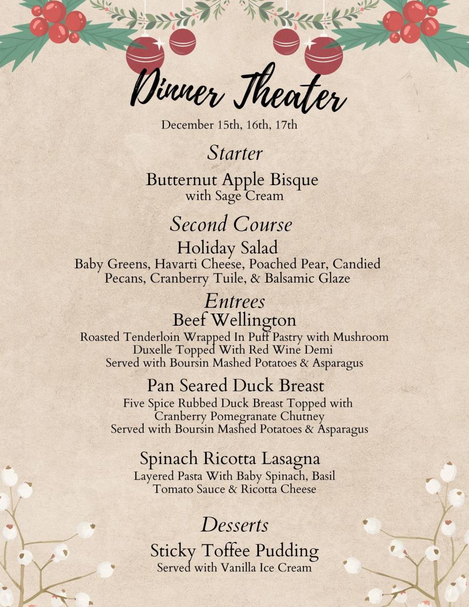 The English-inspired dinner menu for Upper Cape Technical Regional High School's "A Christmas Carol" dinner theater show created by Chef Joe Ellia.