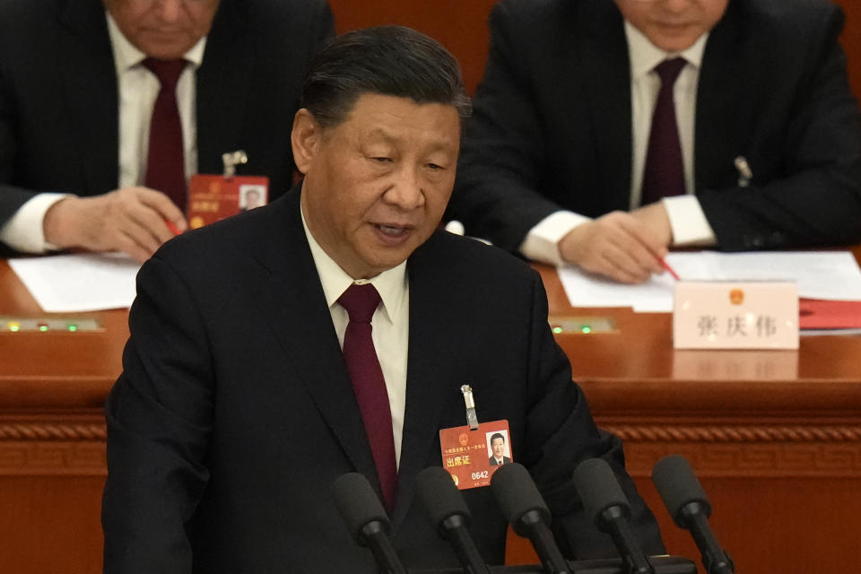 Chinese President Xi Jinping delivers a speech at the closing ceremony for China's National People's Congress (NPC) at the Great Hall of the People in Beijing, Monday, March 13, 2023. (AP Photo/Andy Wong)