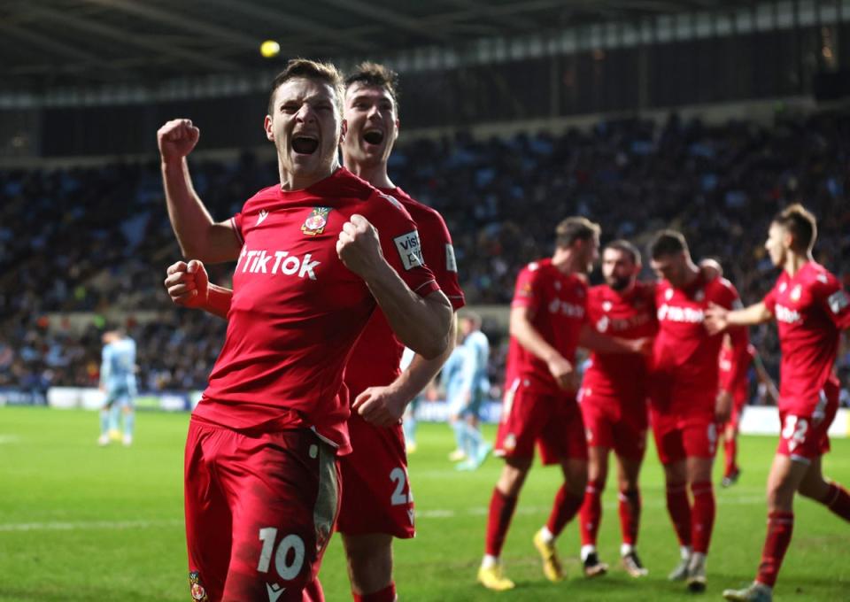 Wrexham celebrate scoring in the FA Cup third round match at Coventry City (Getty Images)