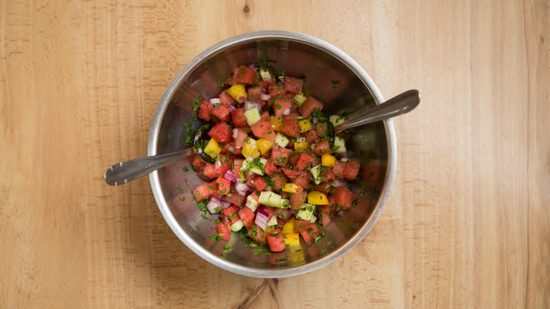 watermelon salsa ingredients in bowl