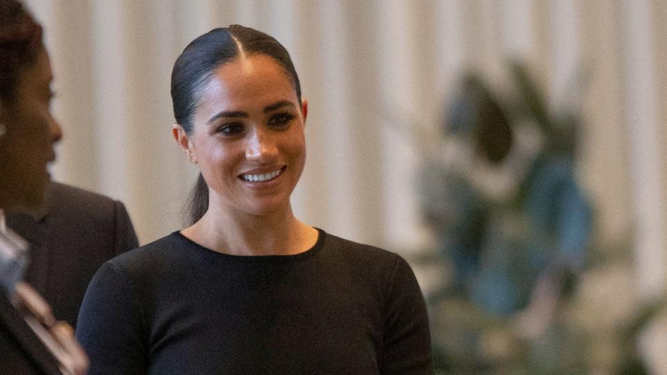 Meghan Markle, Duchess of Sussex, arrives to attend the 2020 UN Nelson Mandela Prize award ceremony at the United Nations in New York on July 18, 2022. - The Prize is being awarded to Marianna Vardinoyannis of Greece and Doctor Morissanda Kouyate of Guinea.